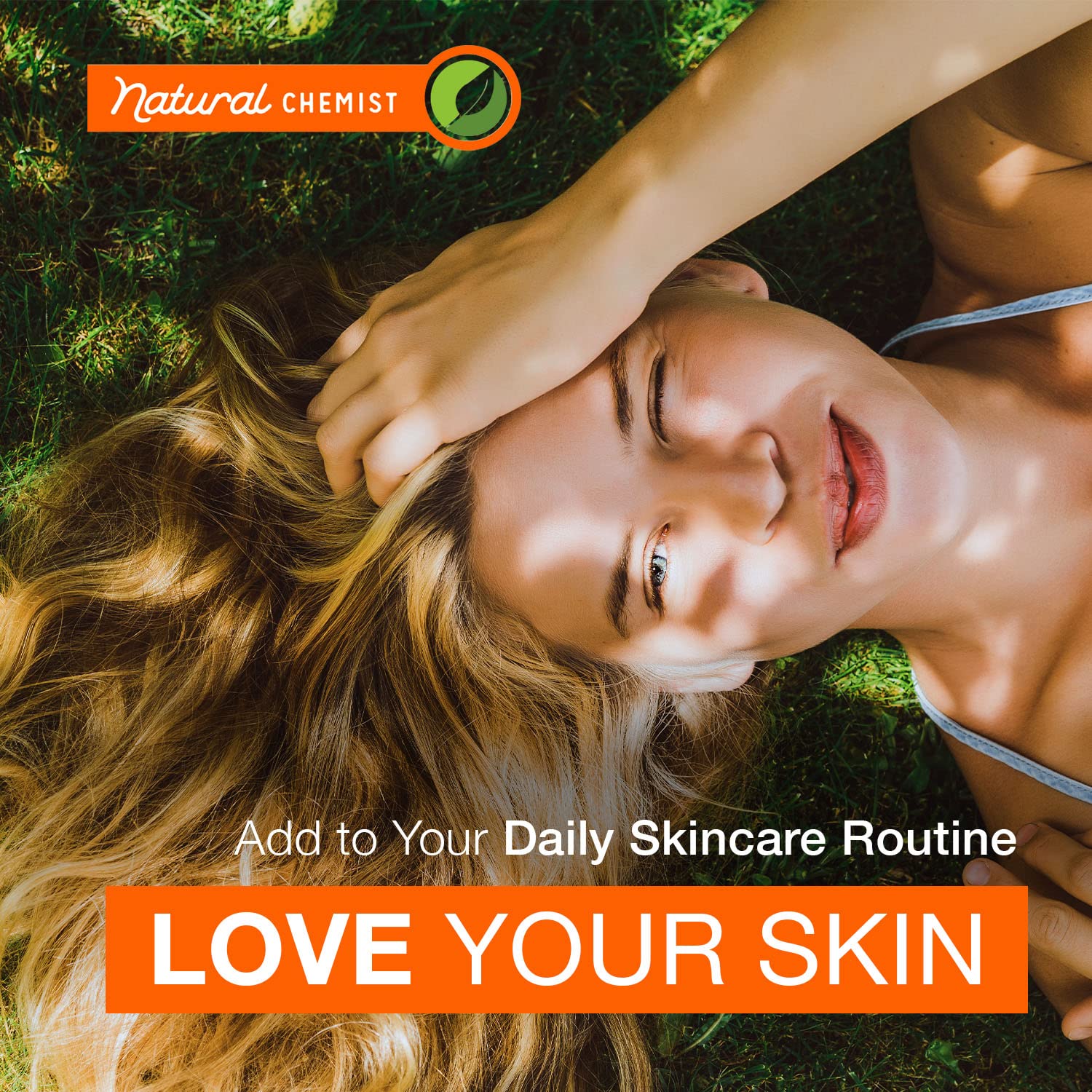 Natural Chemist lifestyle model applying serum, conveys improved skin confidence