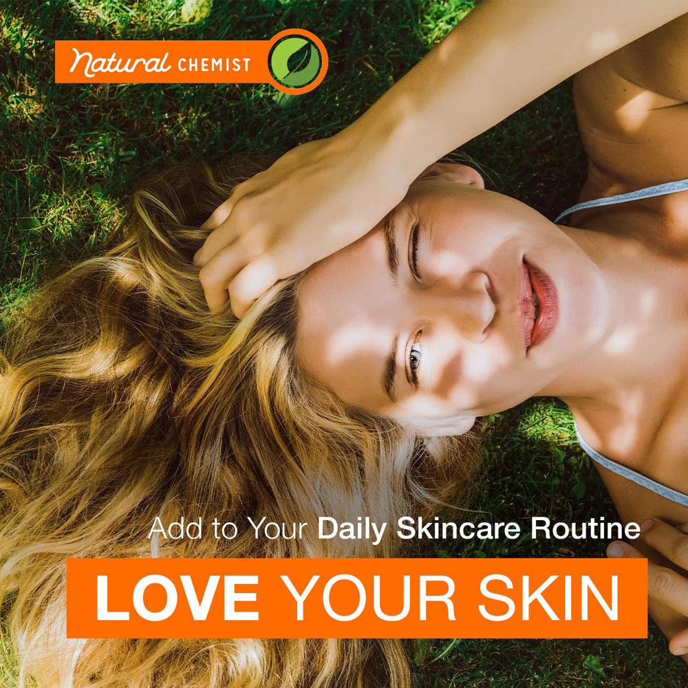 Natural Chemist lifestyle model applying serum, conveys improved skin confidence