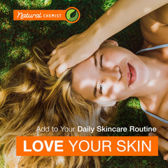 Natural Chemist lifestyle model applying serum, conveys improved skin confidence