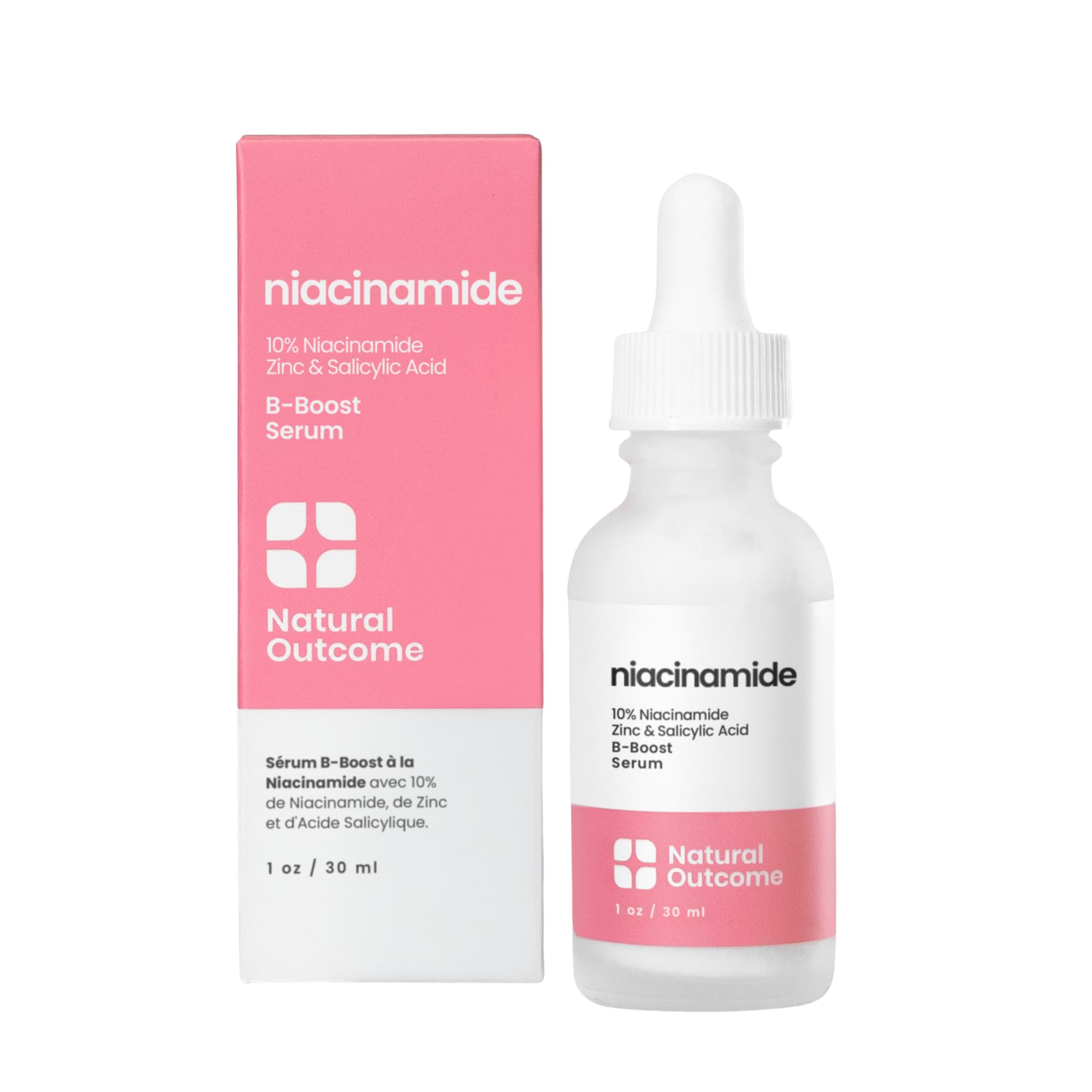 Natural Outcome front bottle view showing product and clear benefit of balanced skin