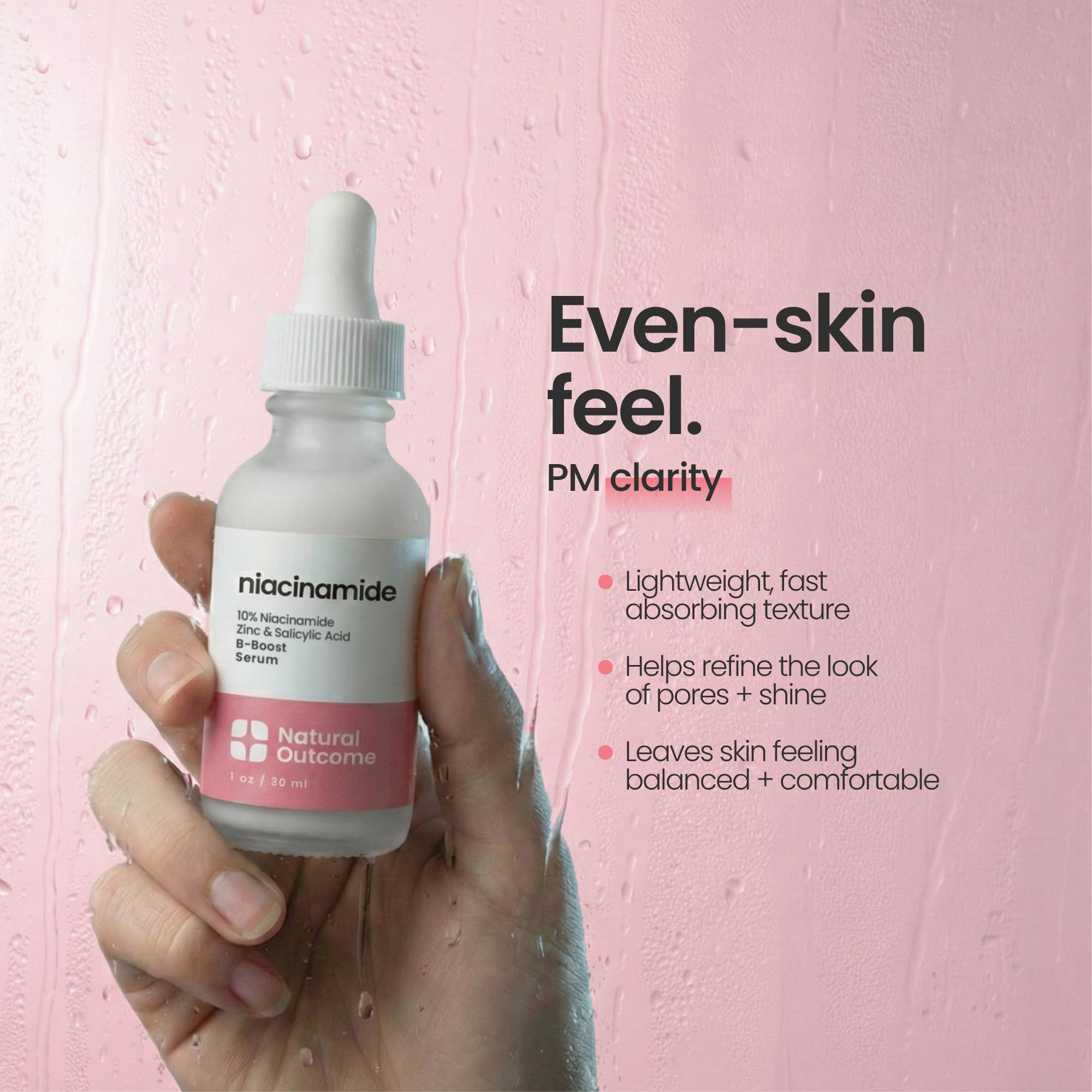 Natural Outcome ingredients label with niacinamide and zinc for pore control benefit