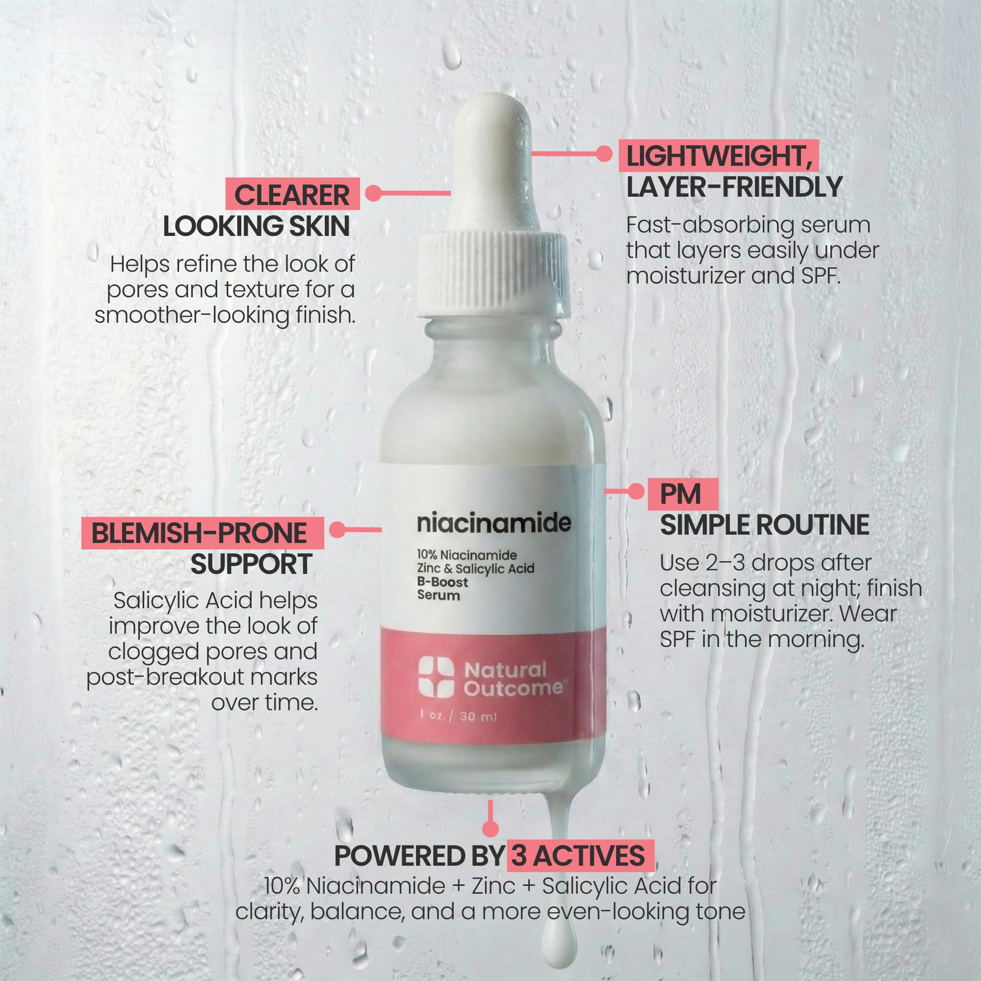 Natural Outcome bottle styled on vanity conveying daily routine and convenience benefit