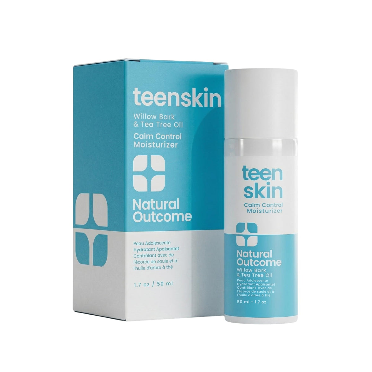 natural outcome front packaging showing teen-focused moisturizer and benefits