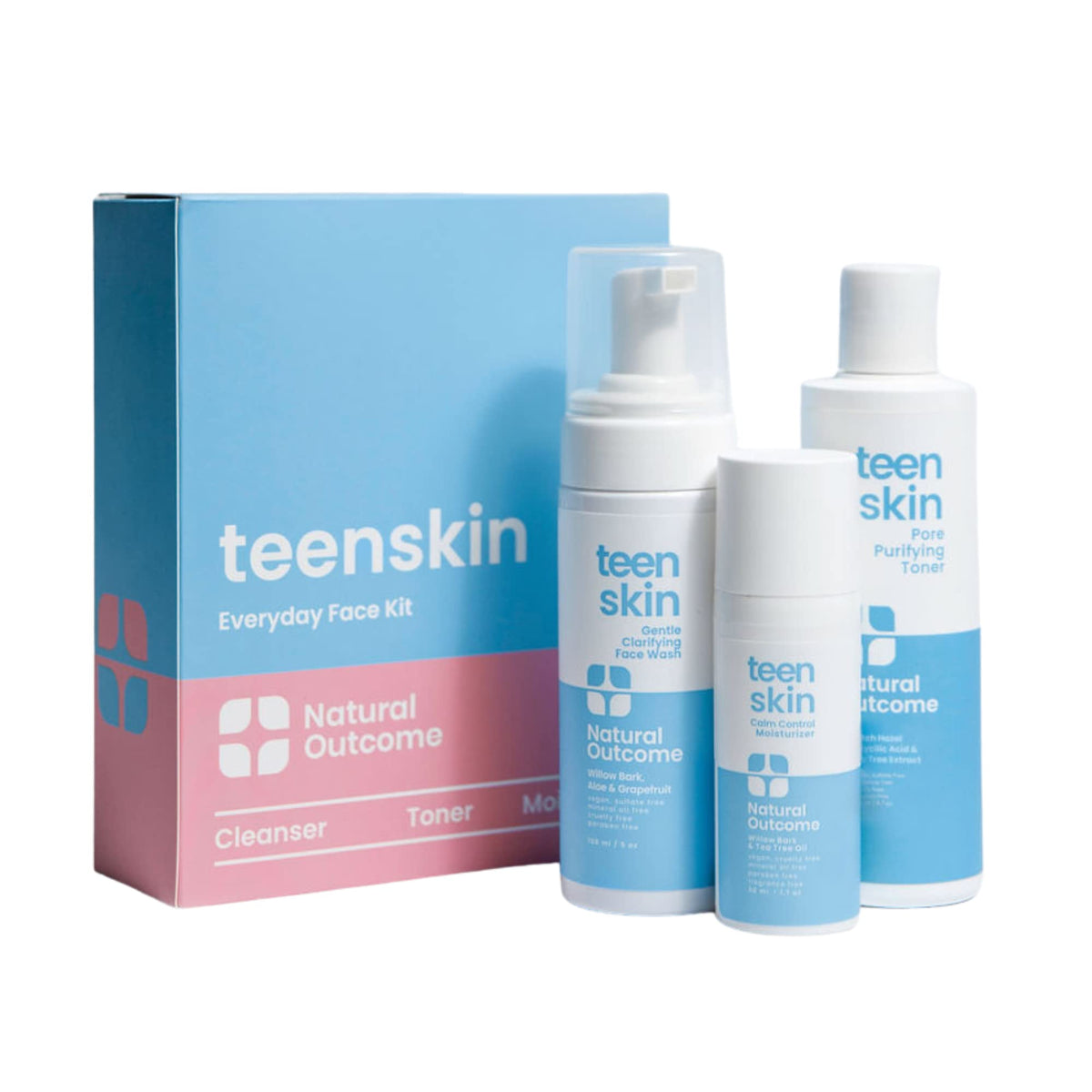 natural outcome front packaging showing the 3-step teen kit and simple routine benefits