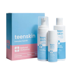 natural outcome front packaging showing the 3-step teen kit and simple routine benefits