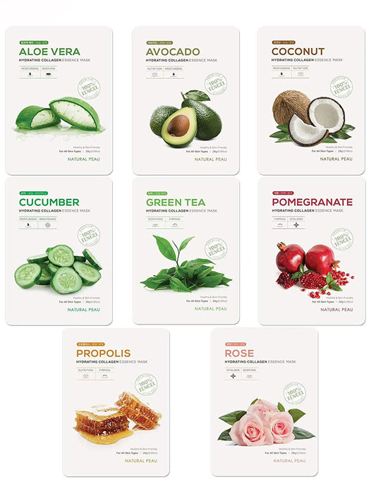 Natural Peau front packaging showing eight individual mask sachets benefits quick hydration