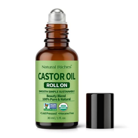 Natural Riches roll-on front view showing compact glass bottle and label benefits