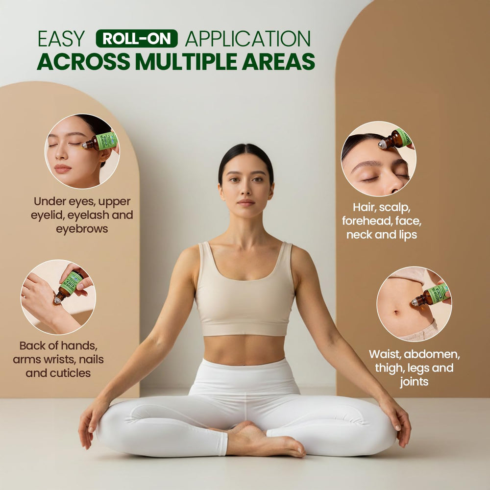 Natural Riches roll-on in hand to show portable size and easy on-the-go application