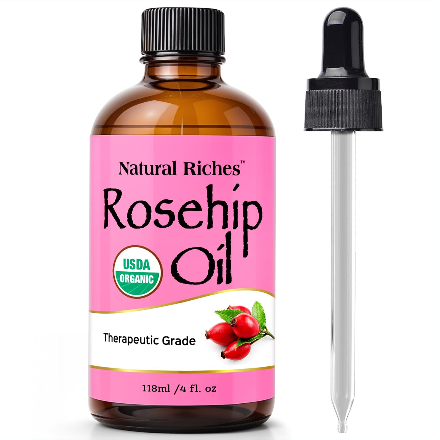 Natural Riches front bottle showing organic label and clean packaging benefit