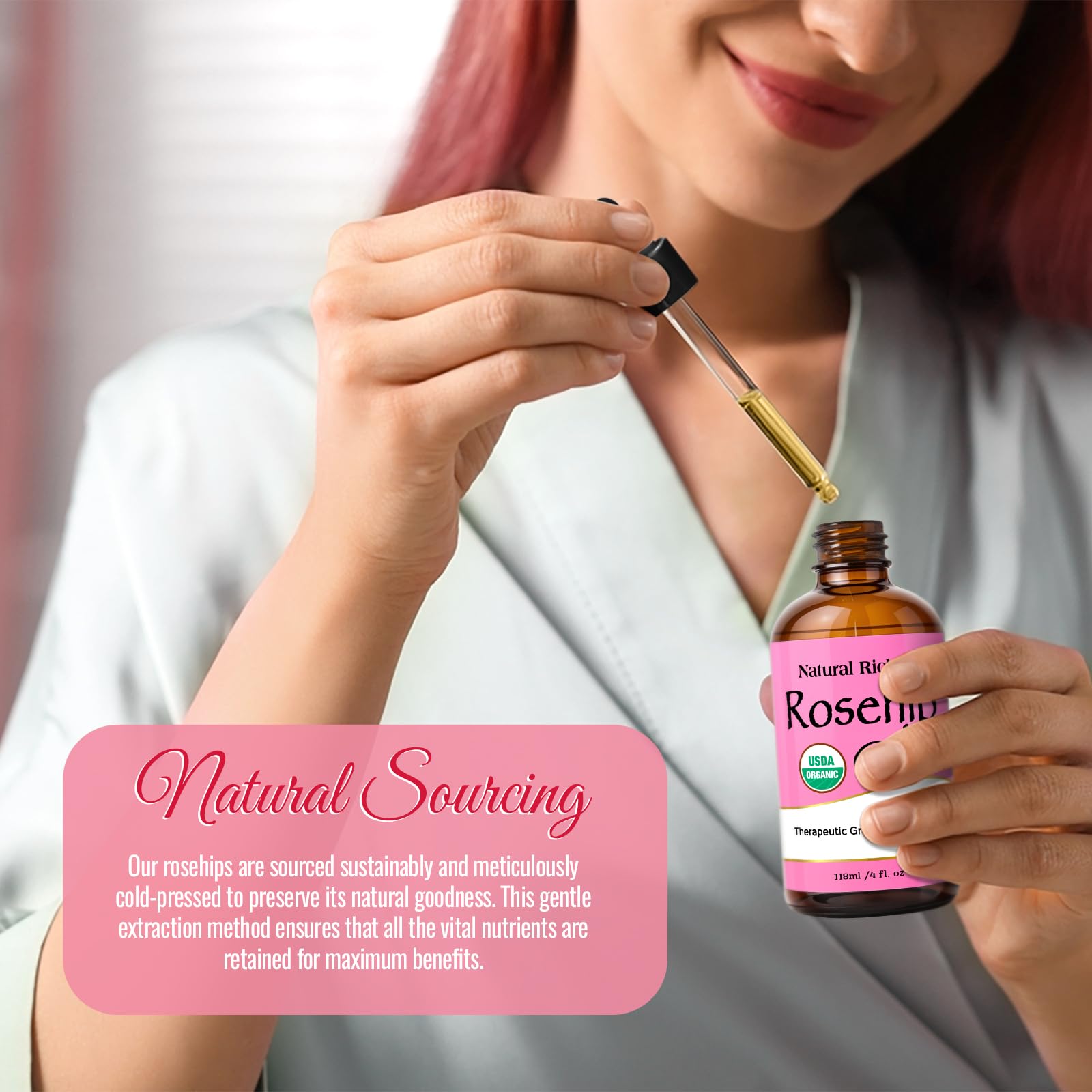 Natural Riches applied to hair ends showing reduced frizz and shine benefit