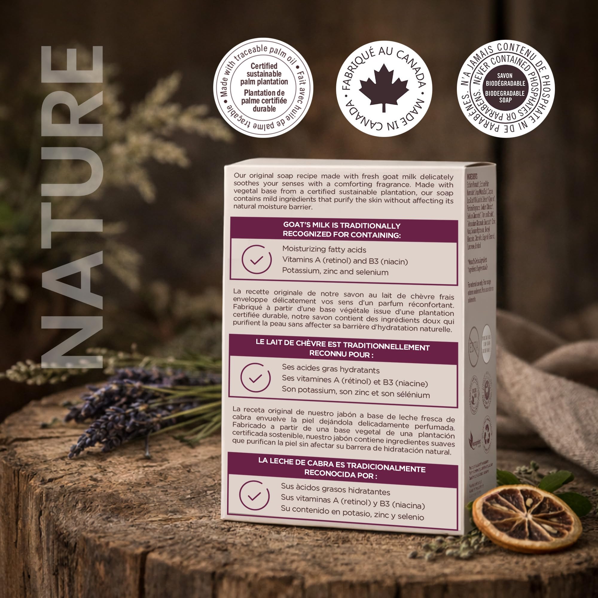Nature by Canus soap on wooden dish lifestyle promoting eco-friendly routine