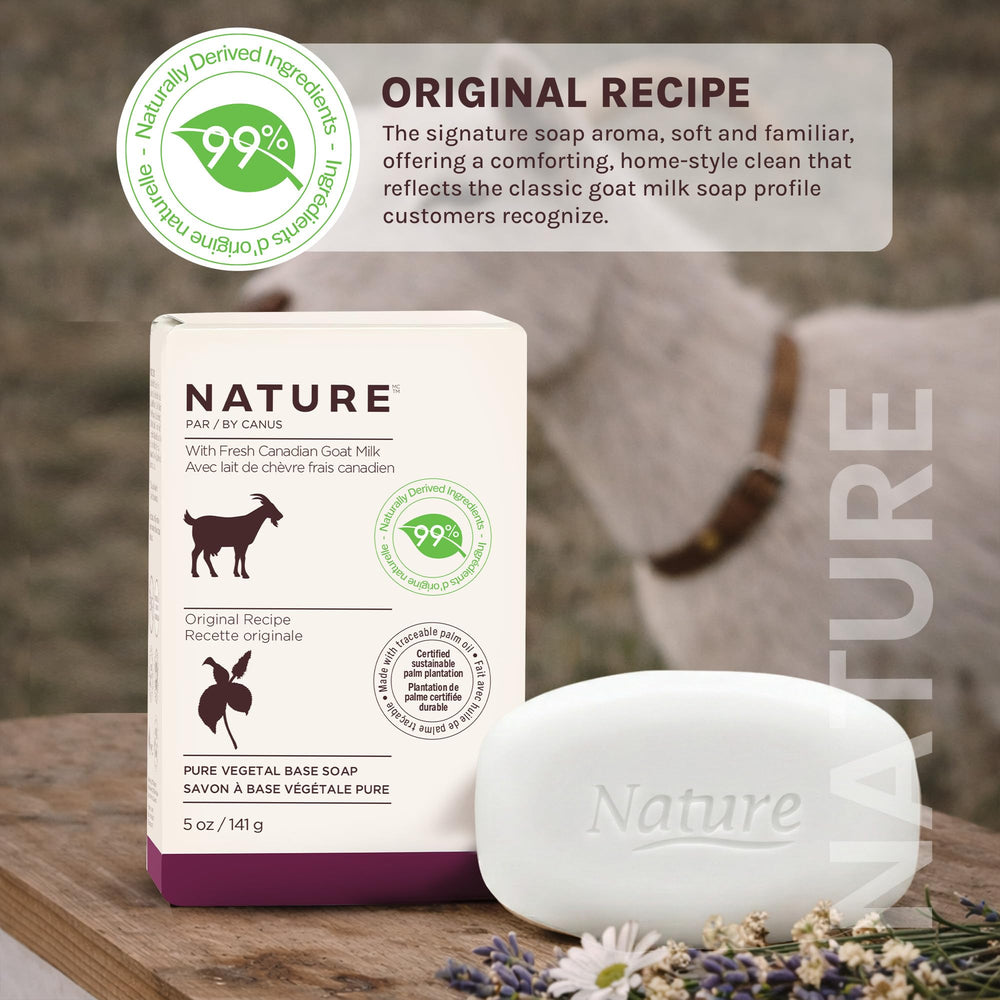 Nature by Canus soap with goat milk and vitamins flatlay showing natural ingredients