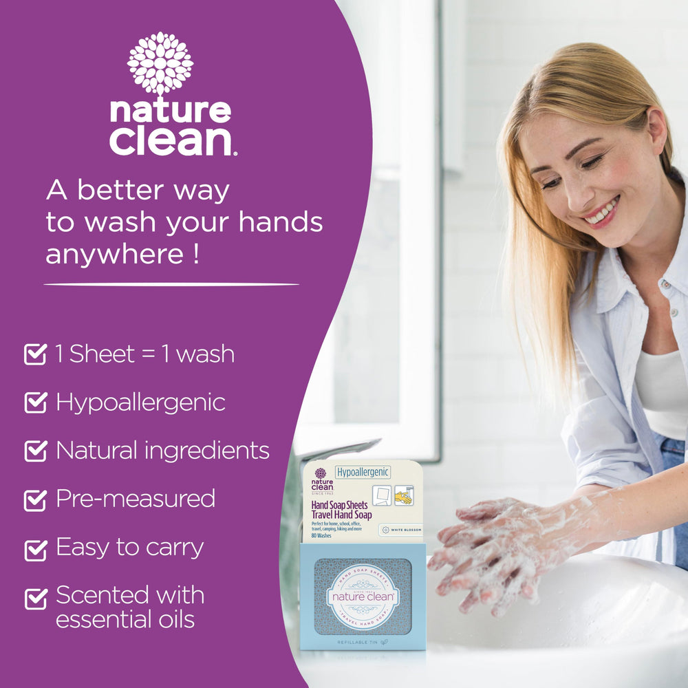 Nature Clean open tin with stacked soap sheets for easy refills