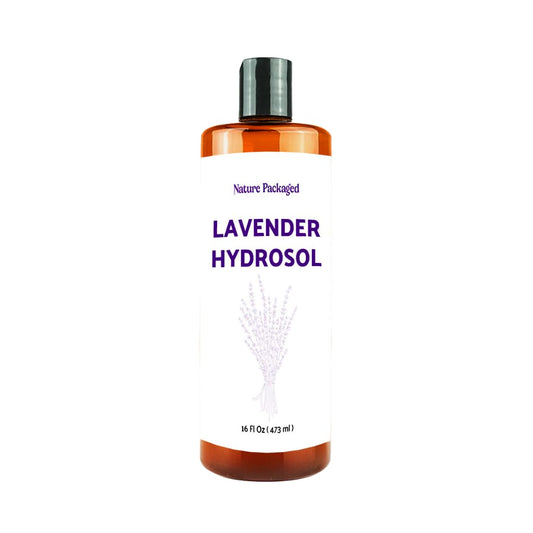 Nature Packaged bottle front label showing hydrosol identity and benefits