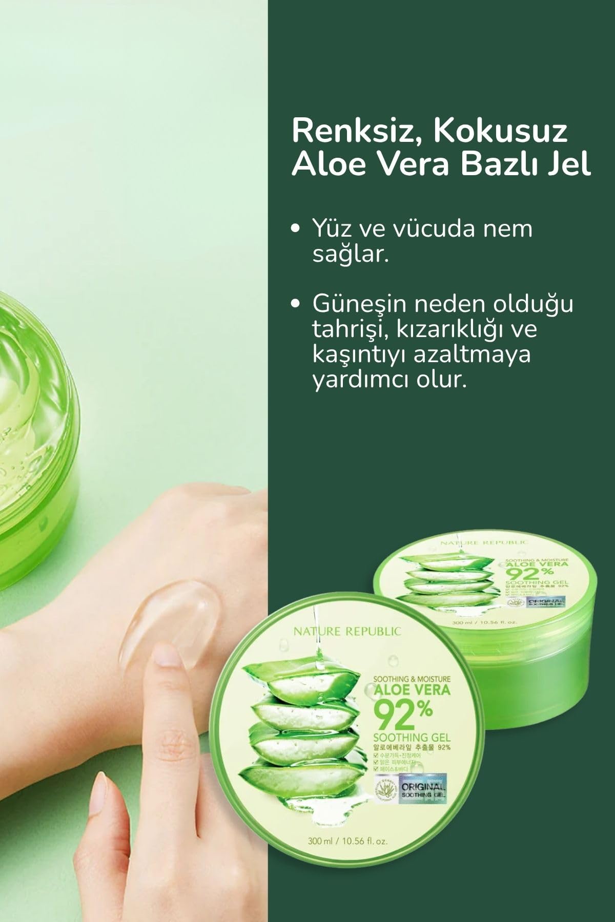 Nature Republic jar next to common objects showing 300ml scale for value benefit
