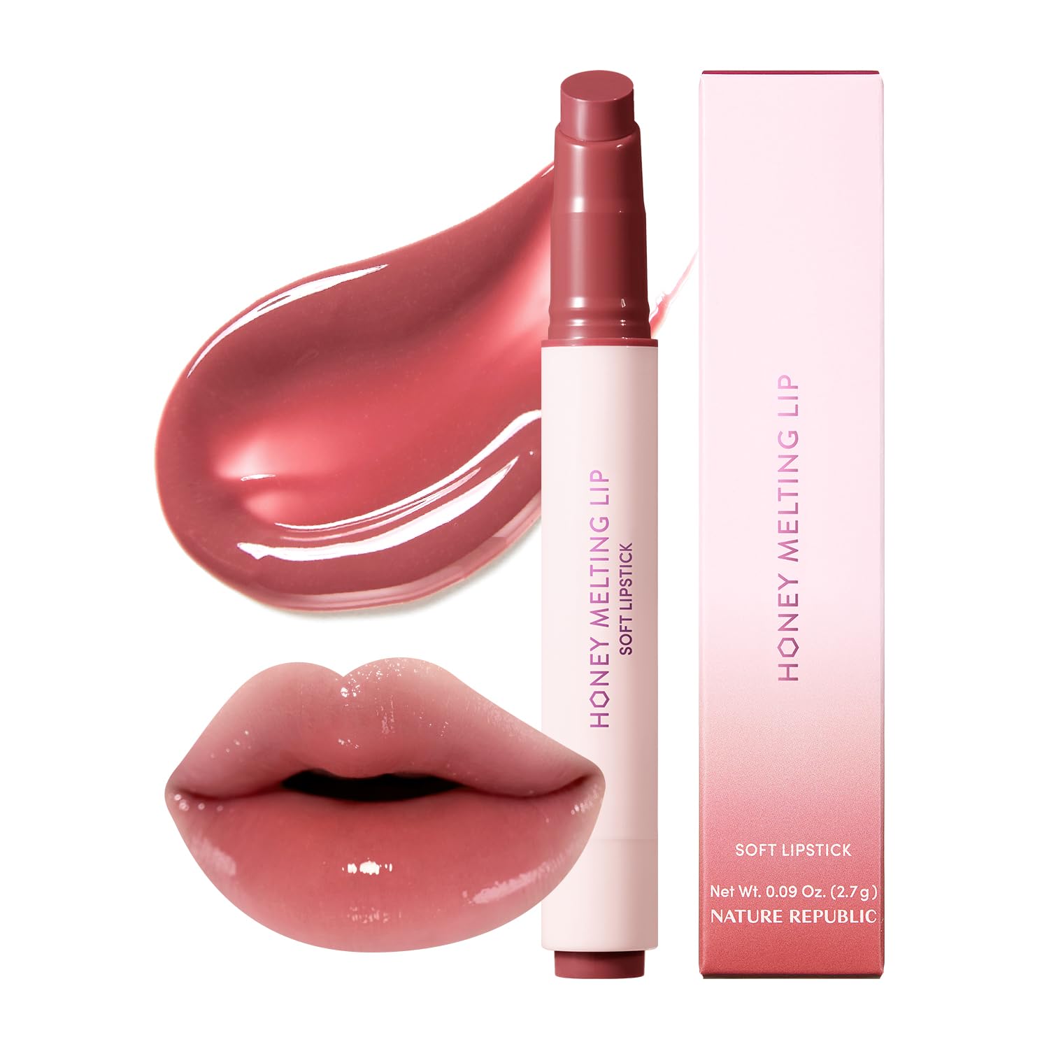 Nature Republic front view showing rose pink shade and easy twist for glossy tint