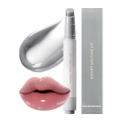 Nature Republic lipstick front packaging showing glossy gray-nude shade and compact design