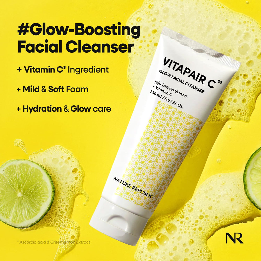 Nature Republic Vitapair C pump close-up dispensing foam, demonstrates easy application