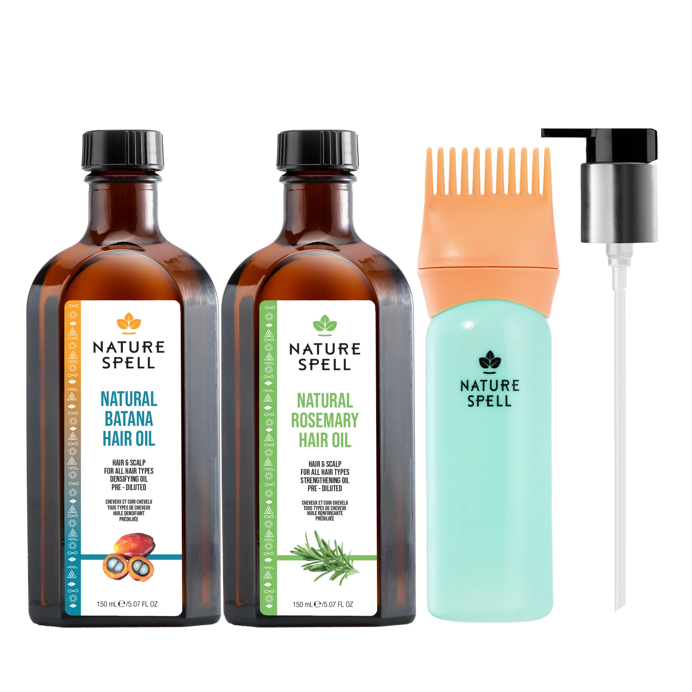 Nature Spell front packaging of both rosemary and batana oils showing set benefit