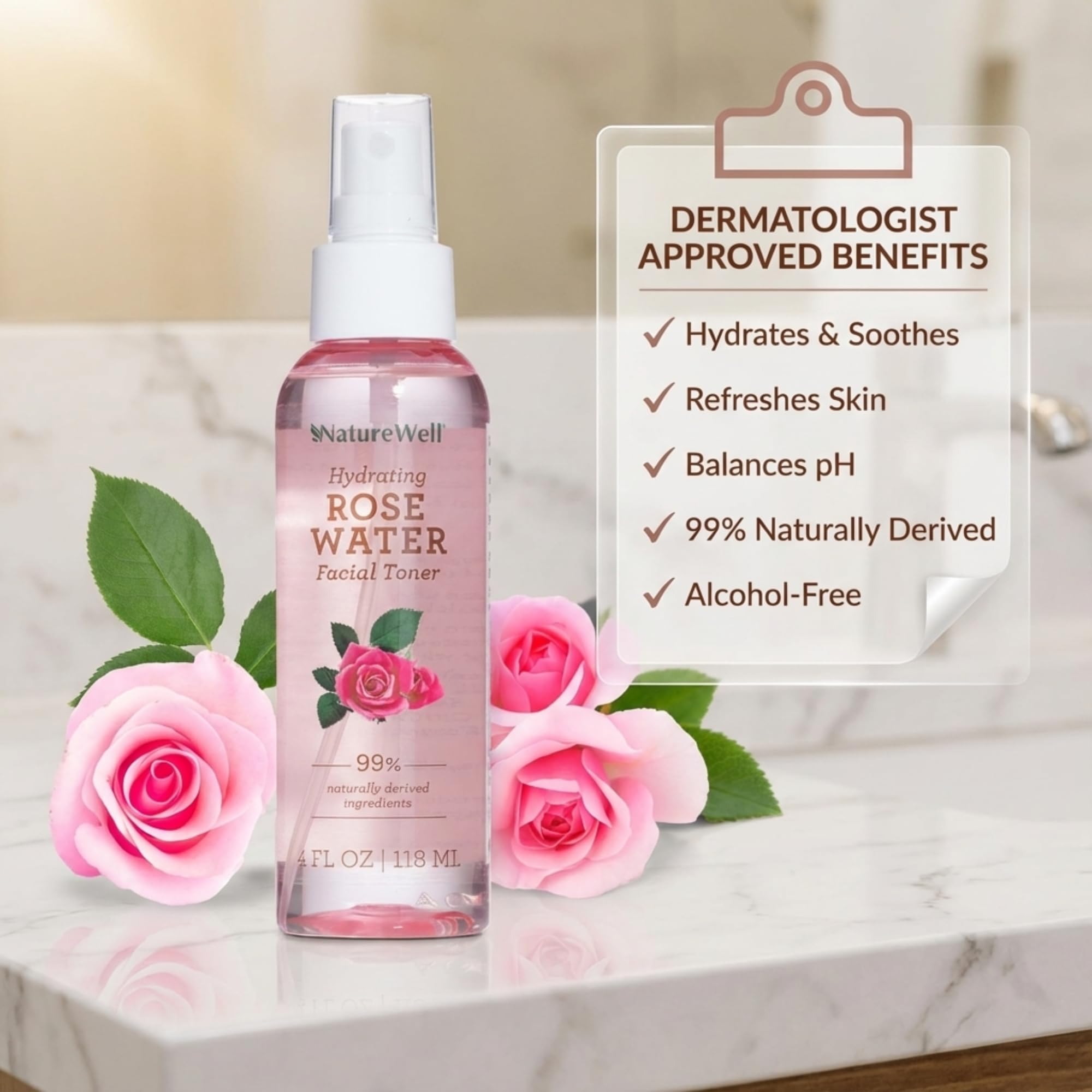 NATURE WELL bottle with rose petals highlighting botanical ingredients and soothing benefit