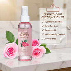 NATURE WELL bottle with rose petals highlighting botanical ingredients and soothing benefit
