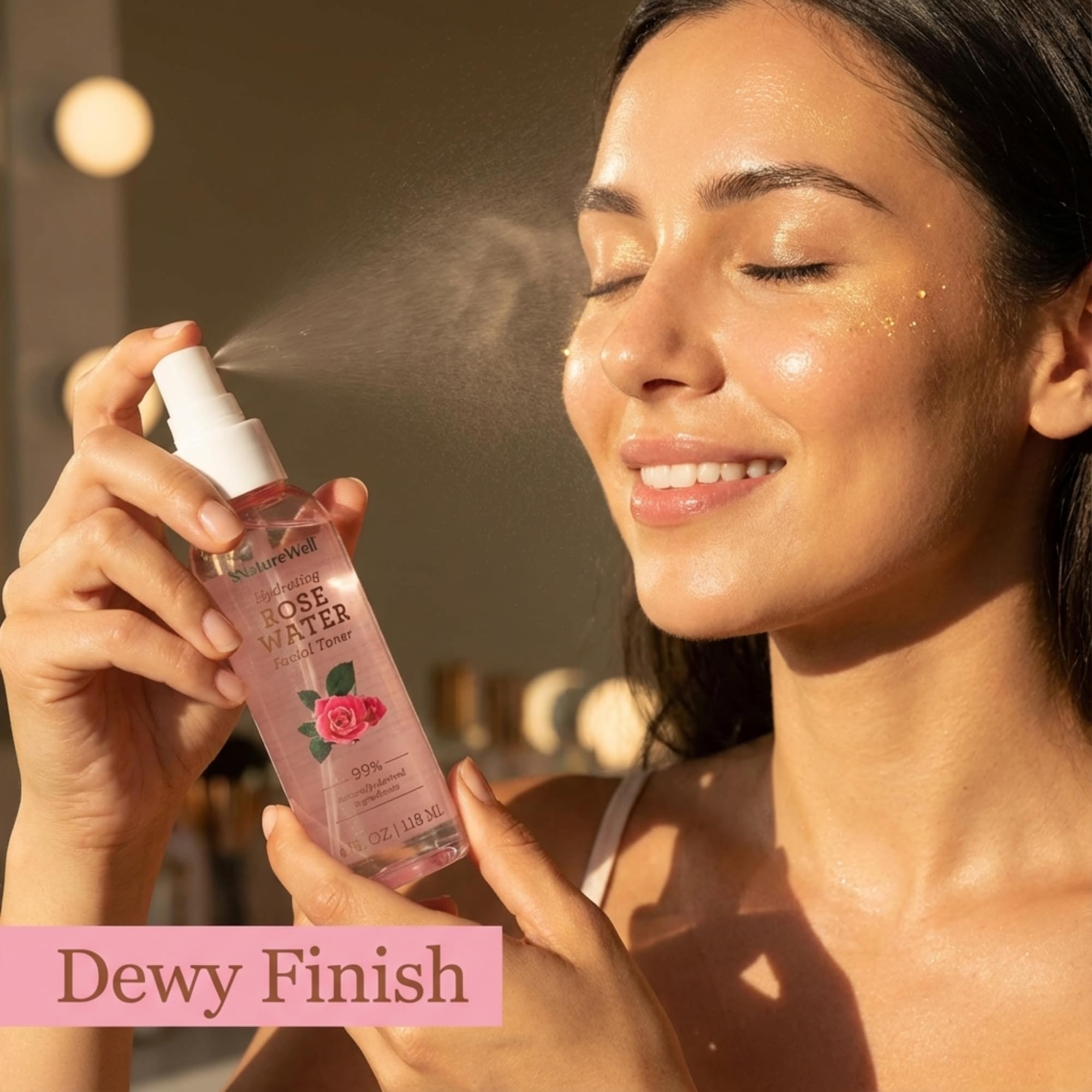 NATURE WELL mist settling on makeup to reveal dewy finish without smudging