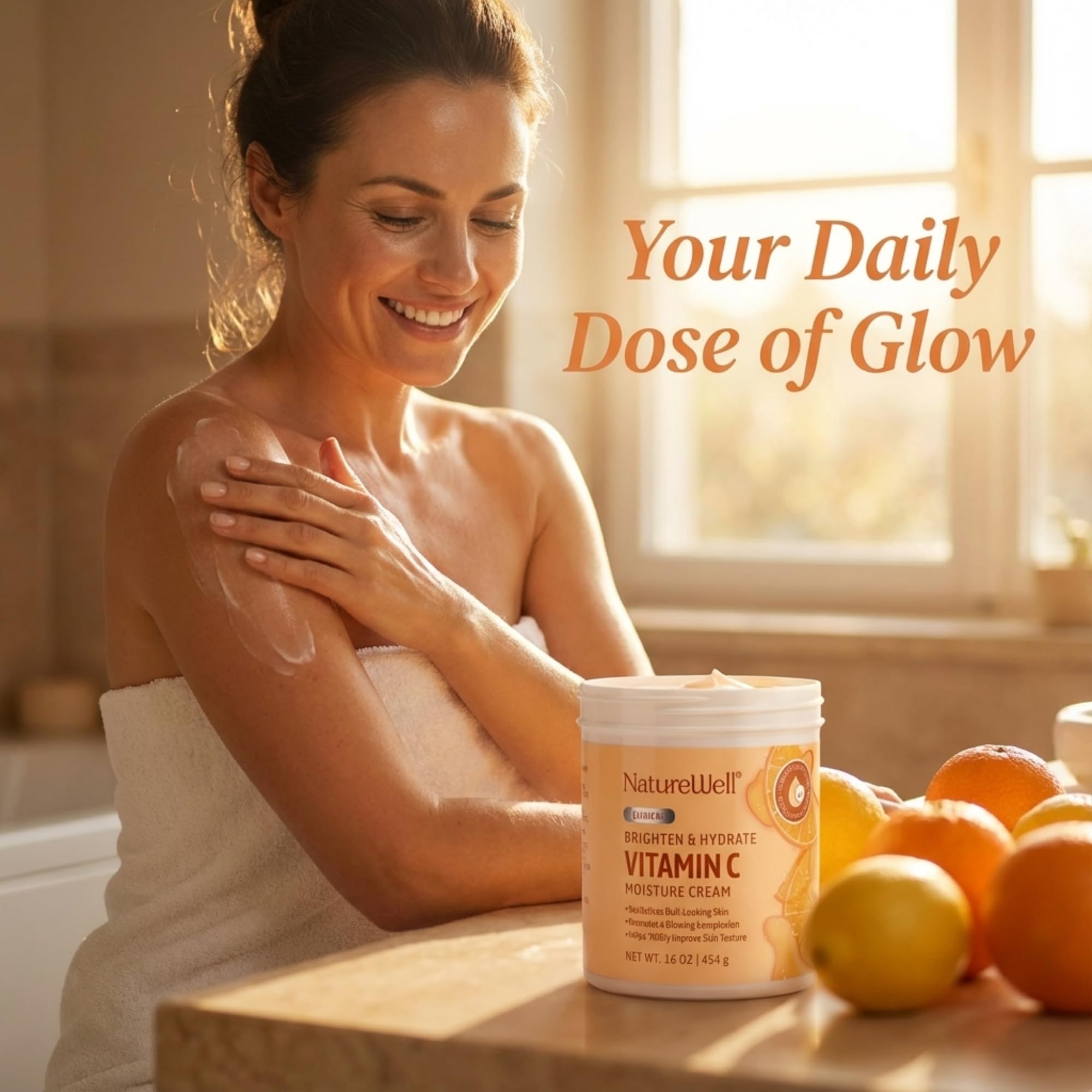 NATURE WELL spreading moisturizer on leg for full-body nourishment benefit
