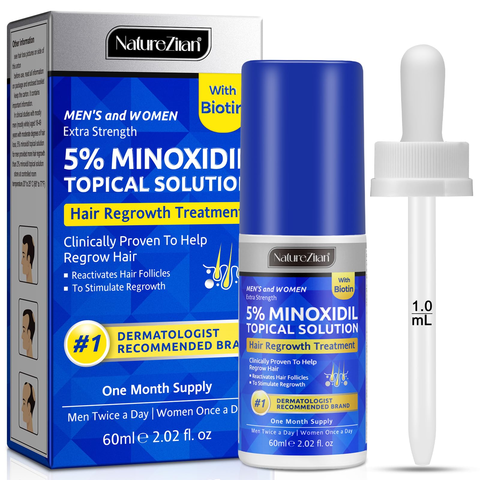 NATURE ZIRAN front packaging showing 5% minoxidil benefits and clear labeling