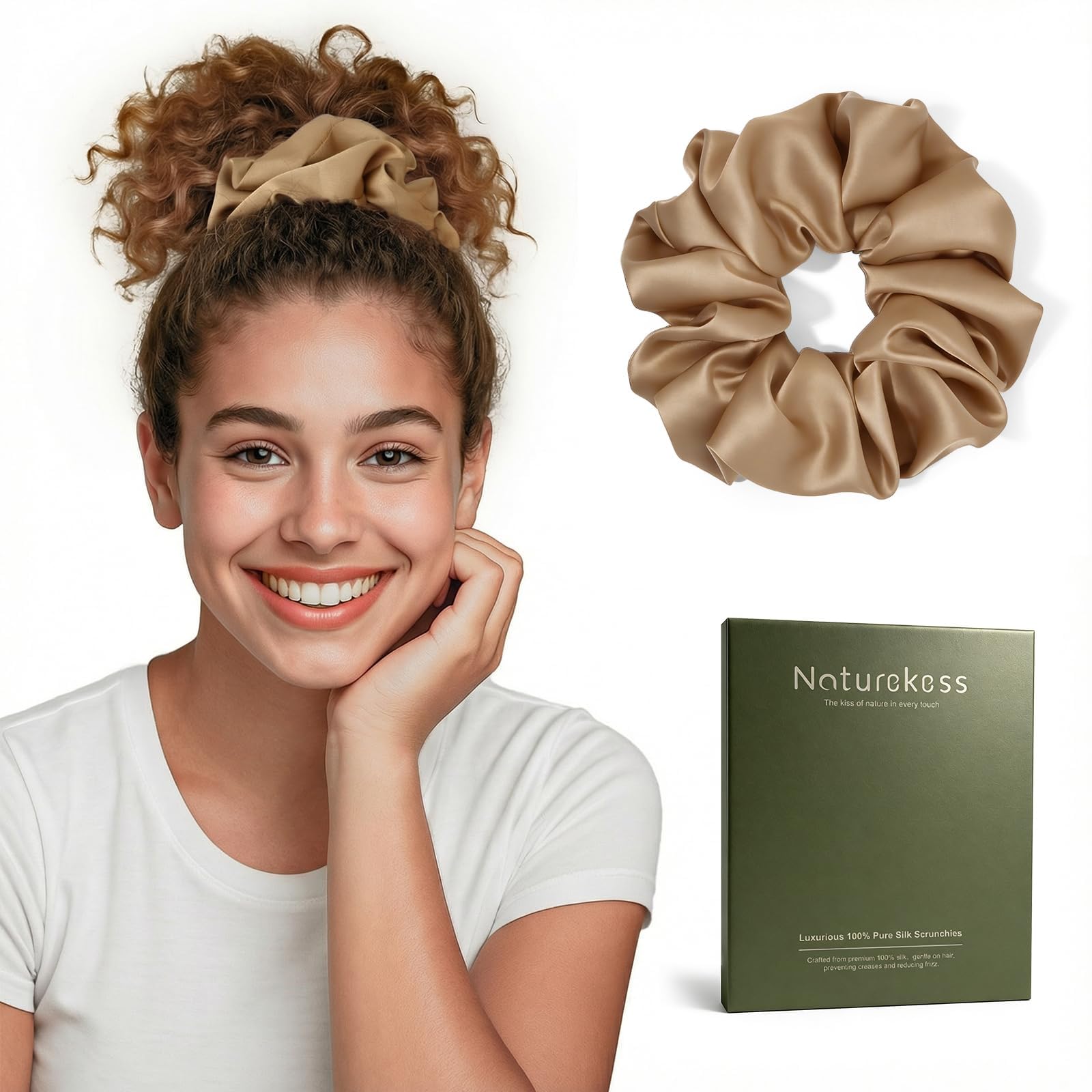 NatureKess front packaging showing silk scrunchie and gift box benefit elegant presentation