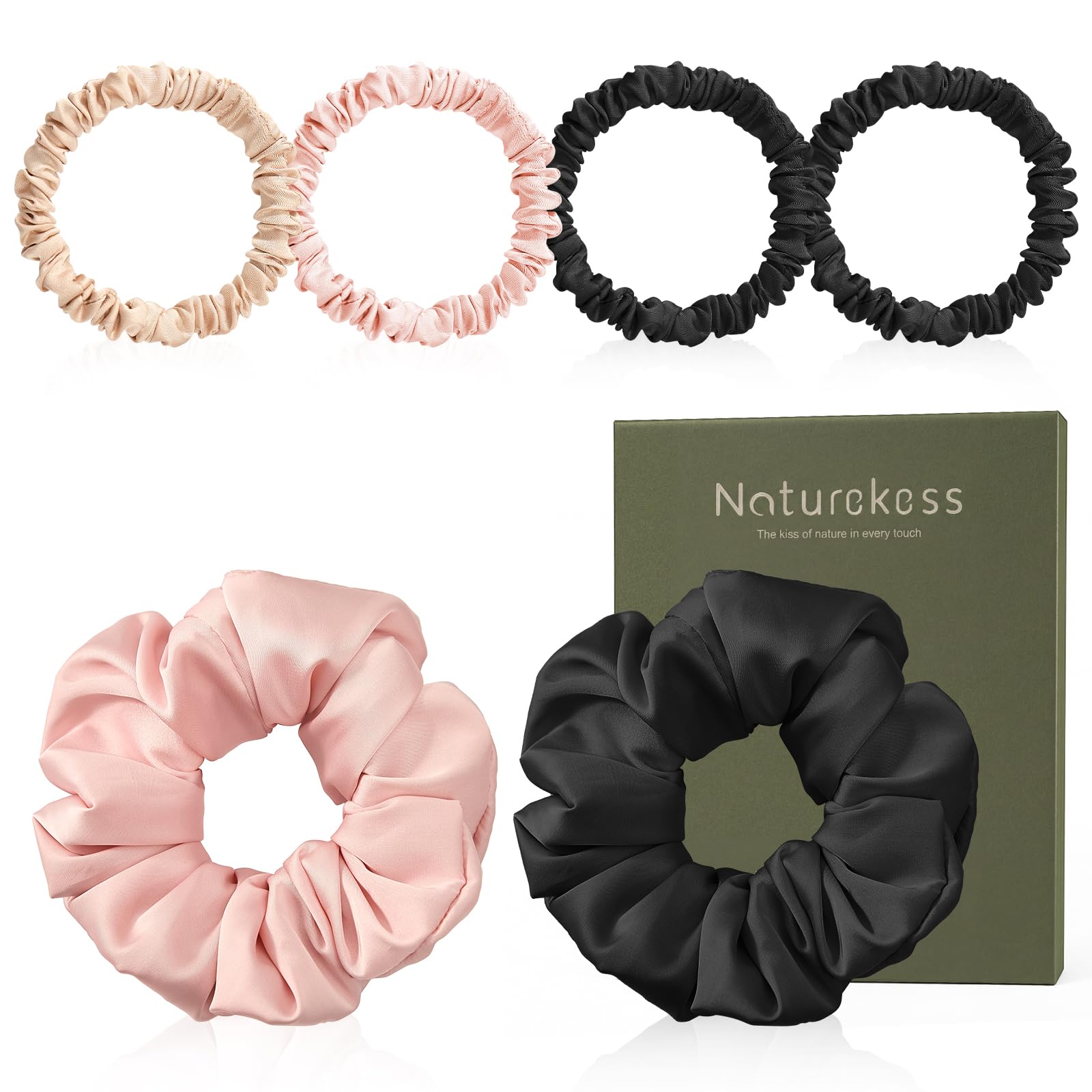 NatureKess front packaging showing six silk scrunchies, clear product variety benefit