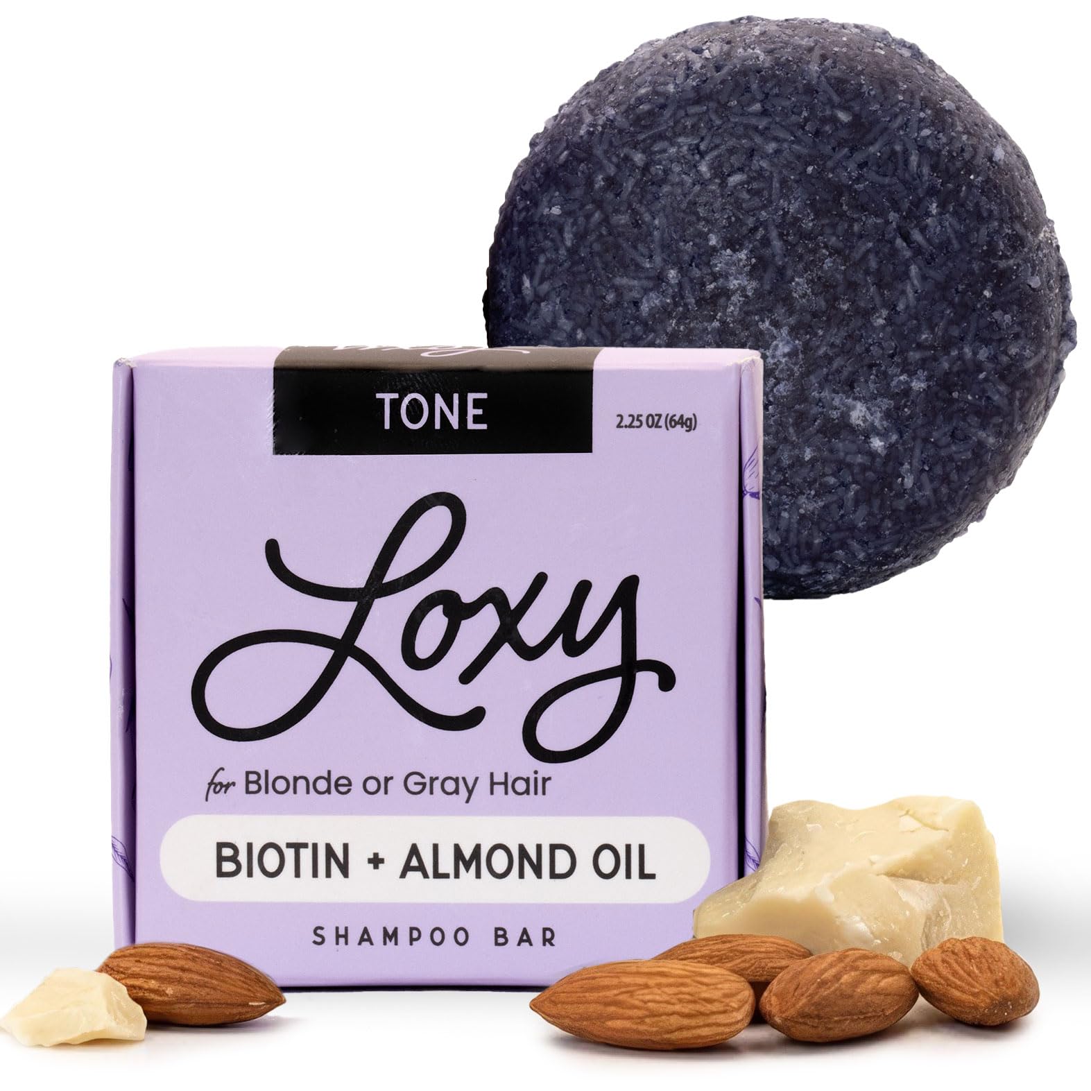 NATURÉL Loxy front bar showing compact purple shampoo shape and benefits