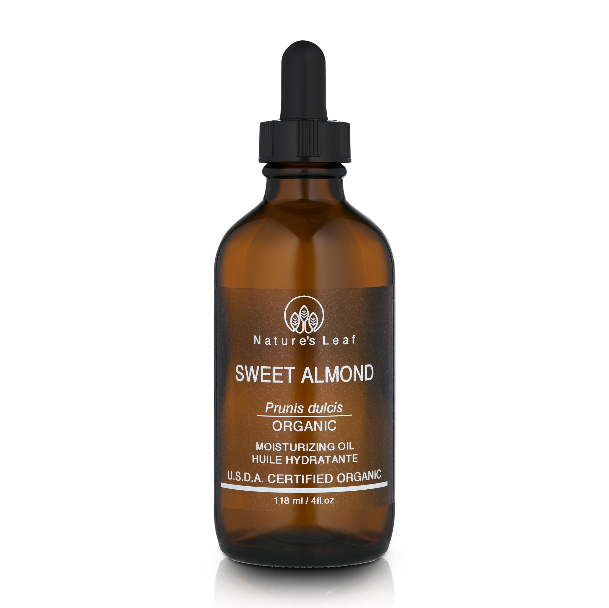 Natures Leaf front amber bottle showing label and organic benefit