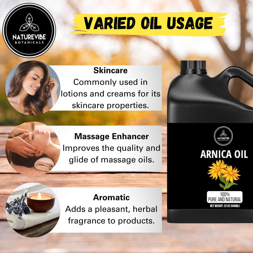 Naturevibe Botanicals label detail with ingredient list, highlights 100% pure arnica and cold-pressed method