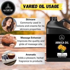 Naturevibe Botanicals label detail with ingredient list, highlights 100% pure arnica and cold-pressed method