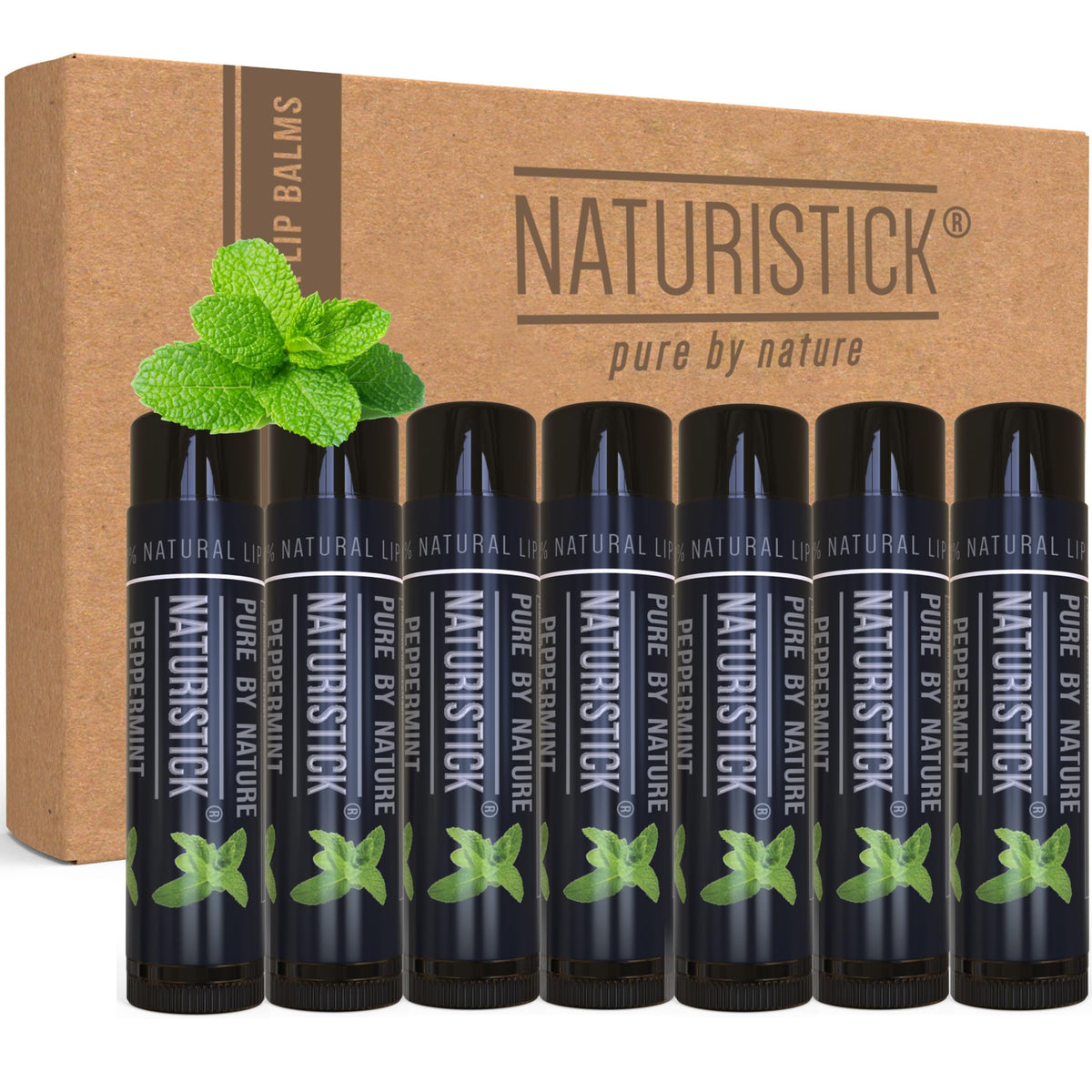 Naturistick front packaging showing seven black peppermint tubes and clear branding, convenient set