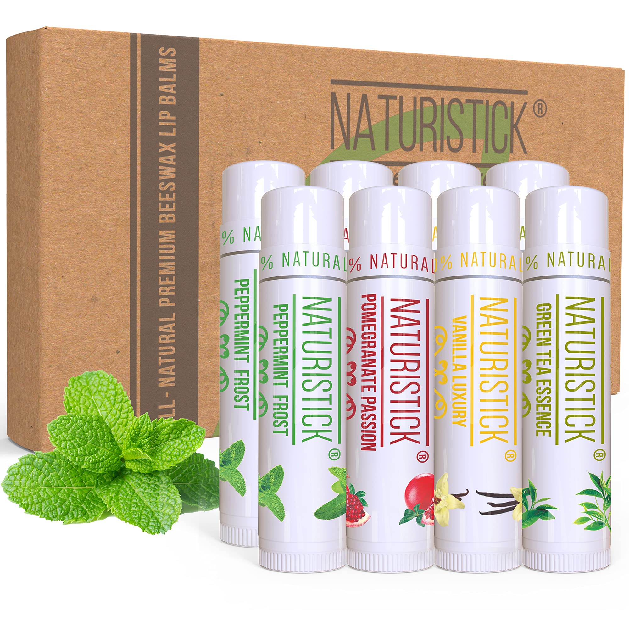 Naturistick front packaging showing eight assorted lip balms for convenient hydration