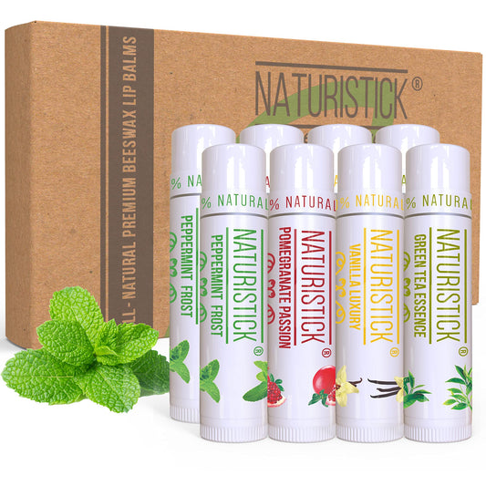 Naturistick front packaging showing eight assorted lip balms for convenient hydration