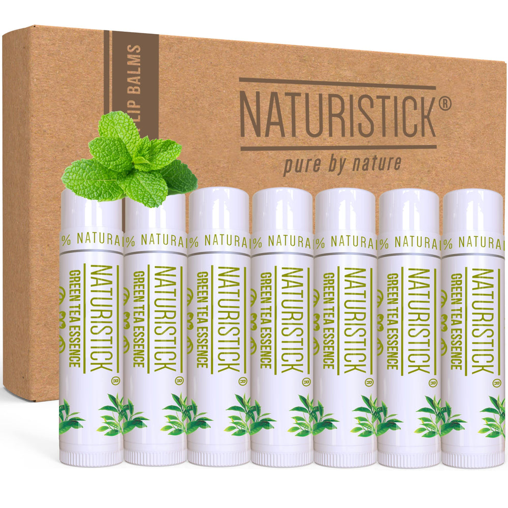 Naturistick front view of seven green tea lip balm tubes showing pack convenience and freshness