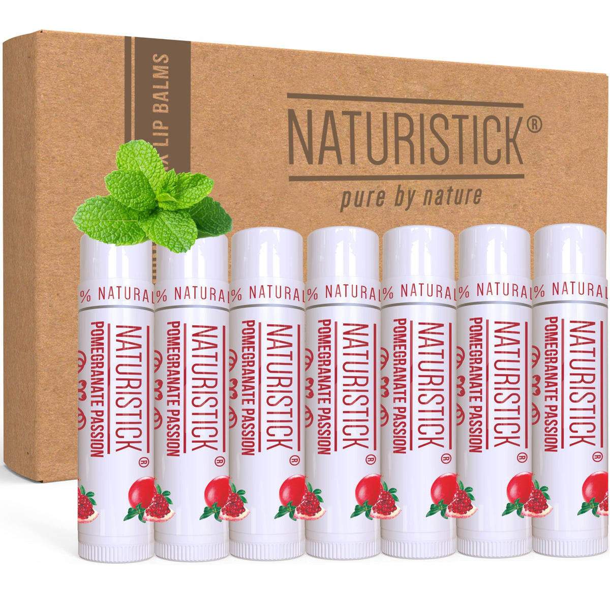 Naturistick pomegranate front packaging showing seven sealed tubes for everyday convenience