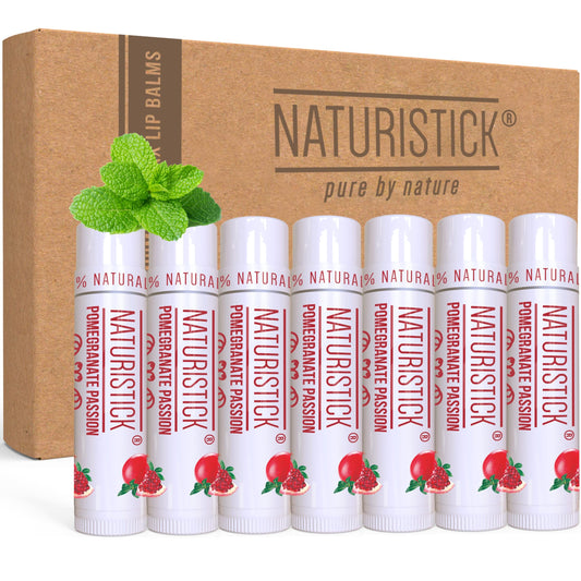 Naturistick pomegranate front packaging showing seven sealed tubes for everyday convenience