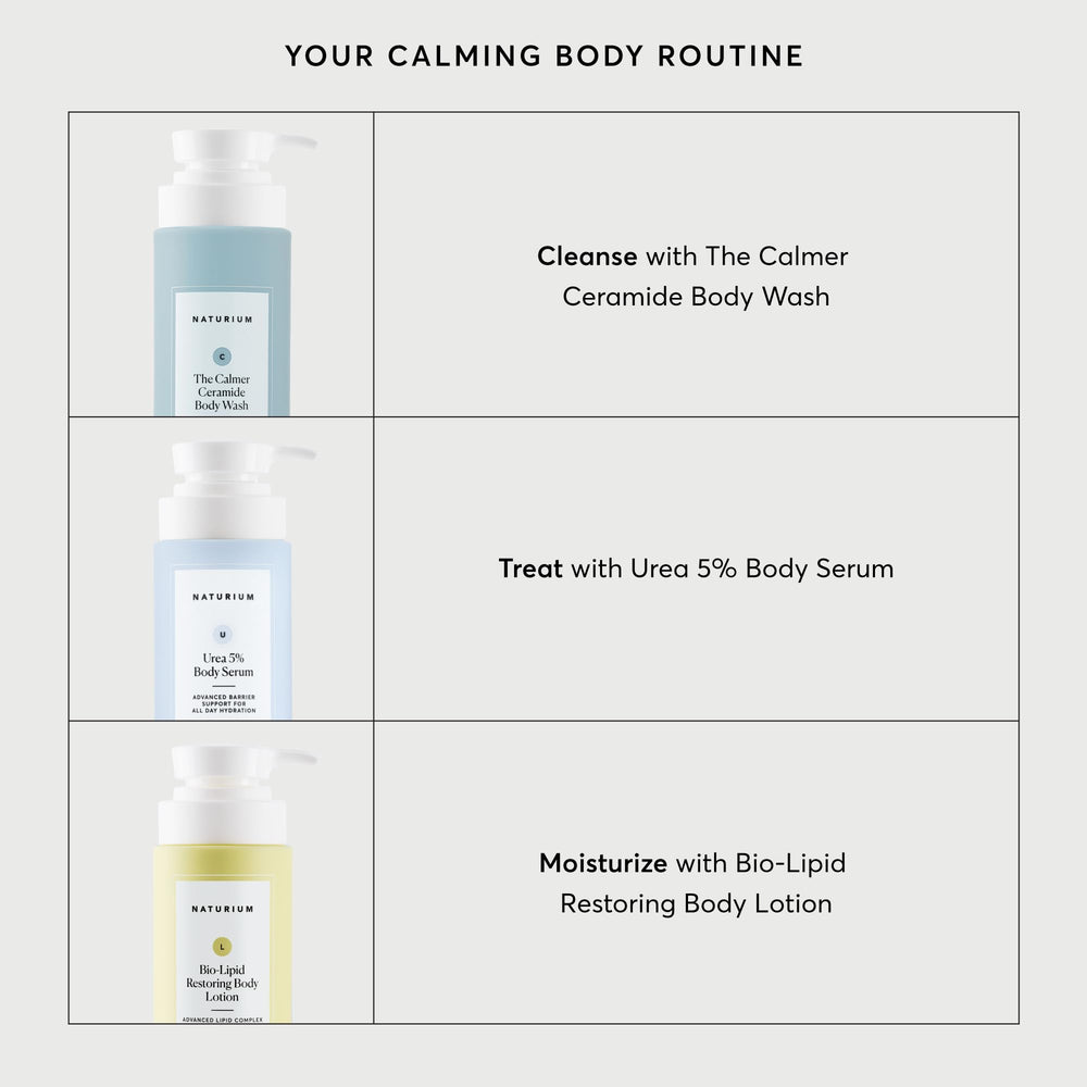 Naturium body wash being used in shower for soothing cleanse