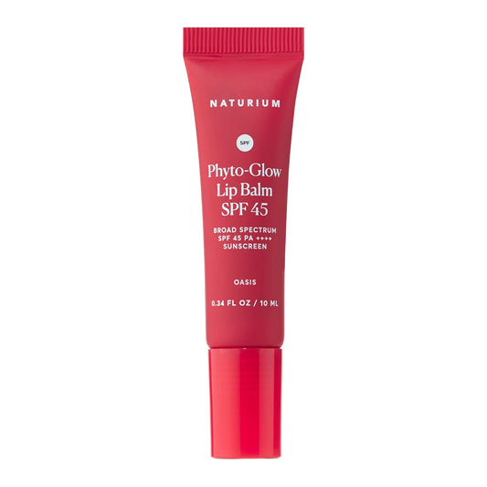 Naturium Phyto‑Glow lip balm SPF45 Oasis front view showing tinted gloss and packaging, protective and moisturizing