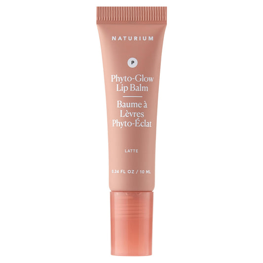 Naturium Phyto-Glow lip balm front view showing latte tint and compact case for everyday shine