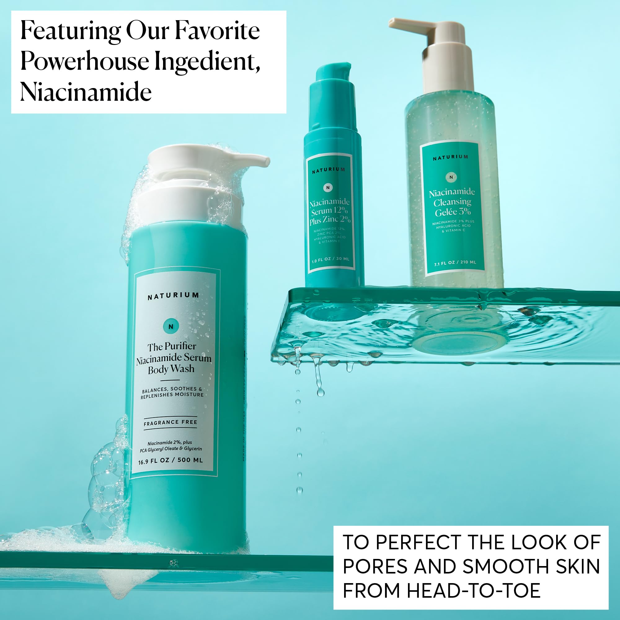 Naturium purifier bathroom lifestyle scene showing product use and moisturizing routine benefit