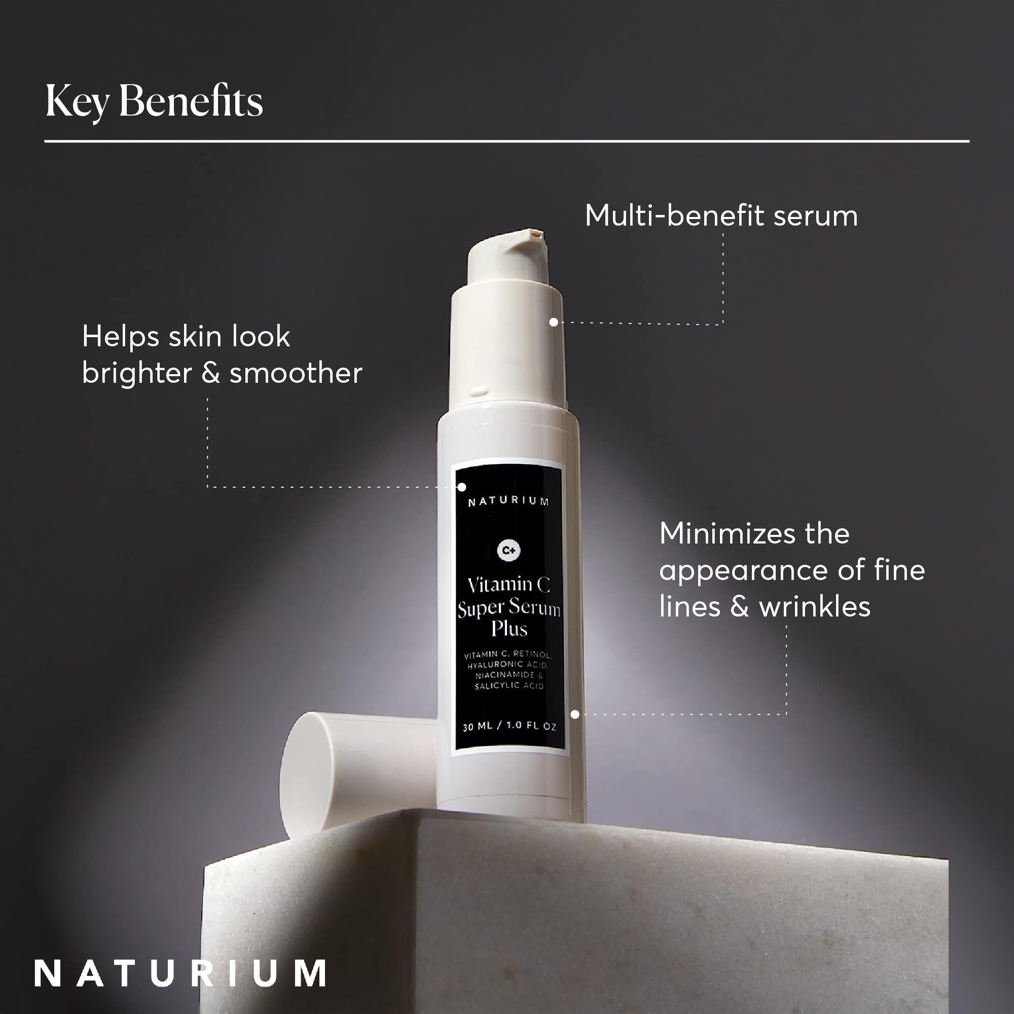 Naturium serum on bathroom shelf suggesting everyday routine