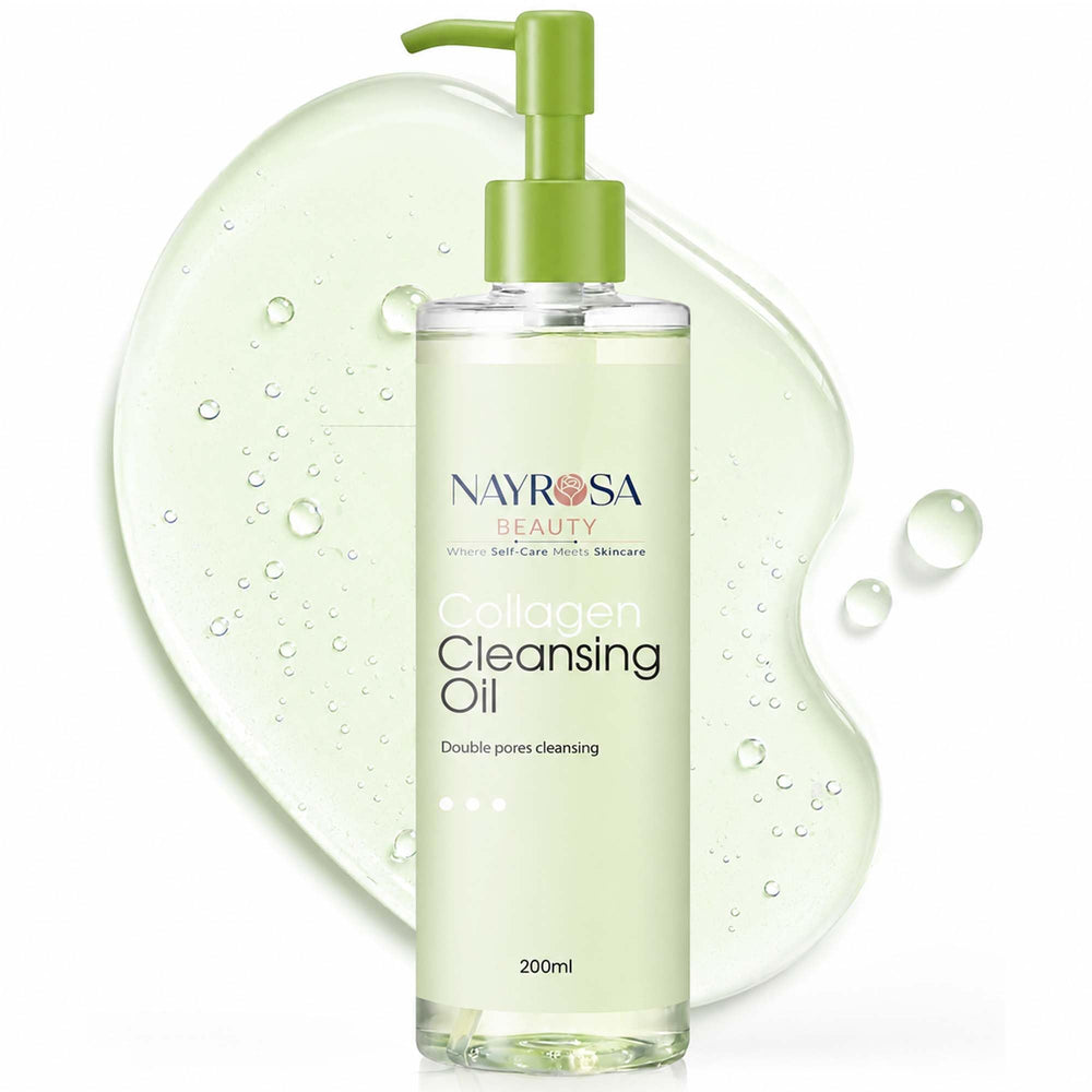 NAYROSA front bottle of collagen cleansing oil showing product design and clarity
