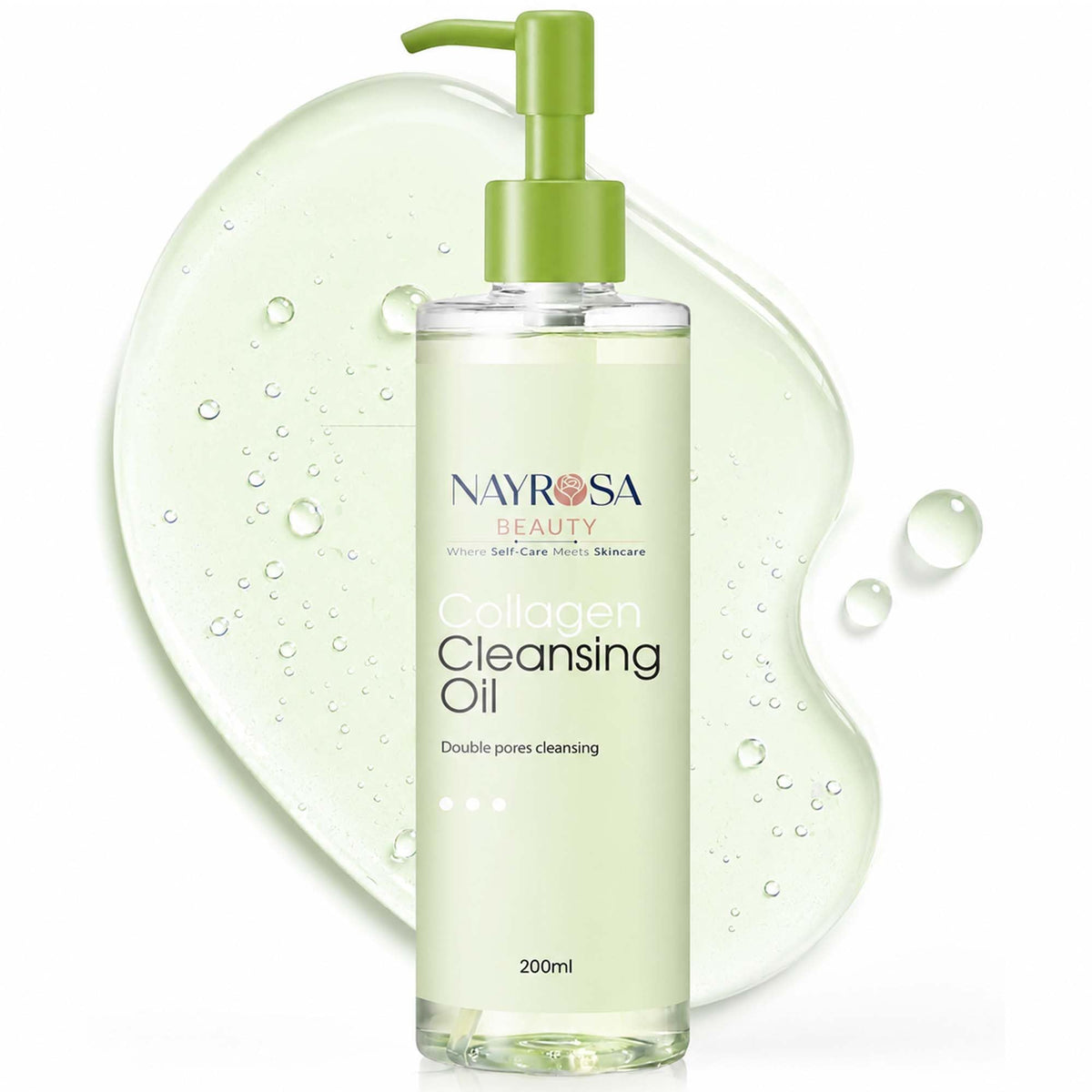 NAYROSA front bottle of collagen cleansing oil showing product design and clarity