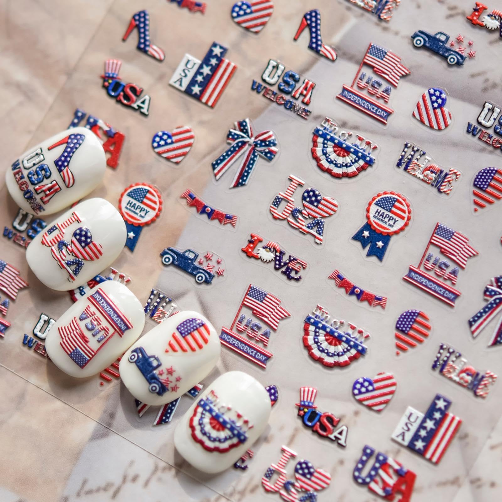 NBNTGH sheet front view showing multiple American flag nail designs for quick styling