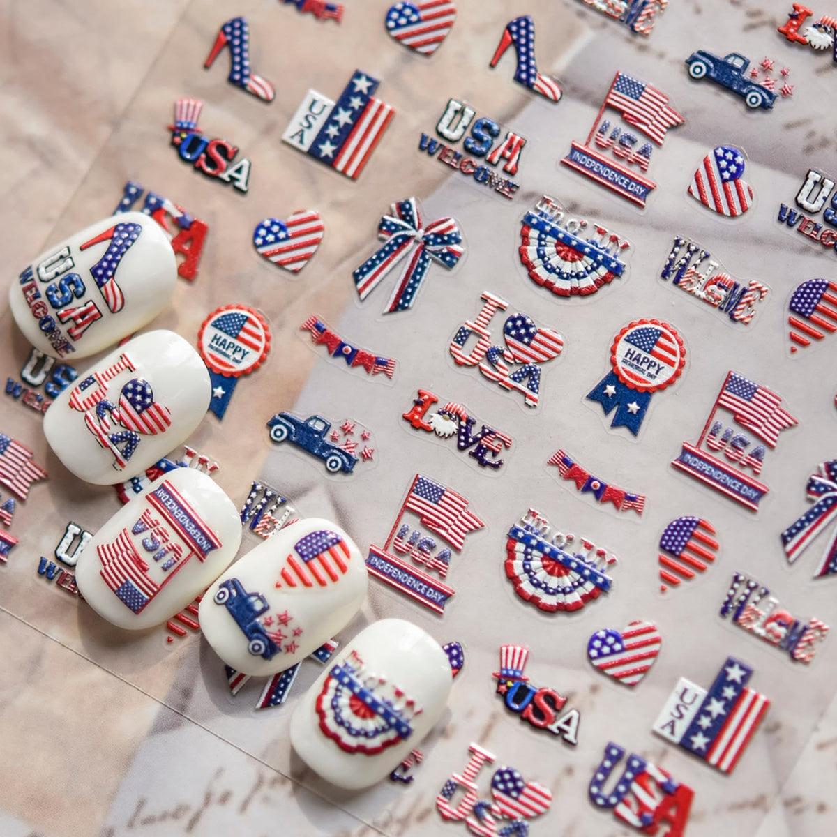 NBNTGH sheet front view showing multiple American flag nail designs for quick styling