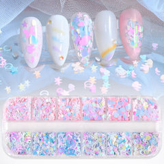 NBNTGH front box showing 12-color holographic hearts and stars, vibrant manicure options